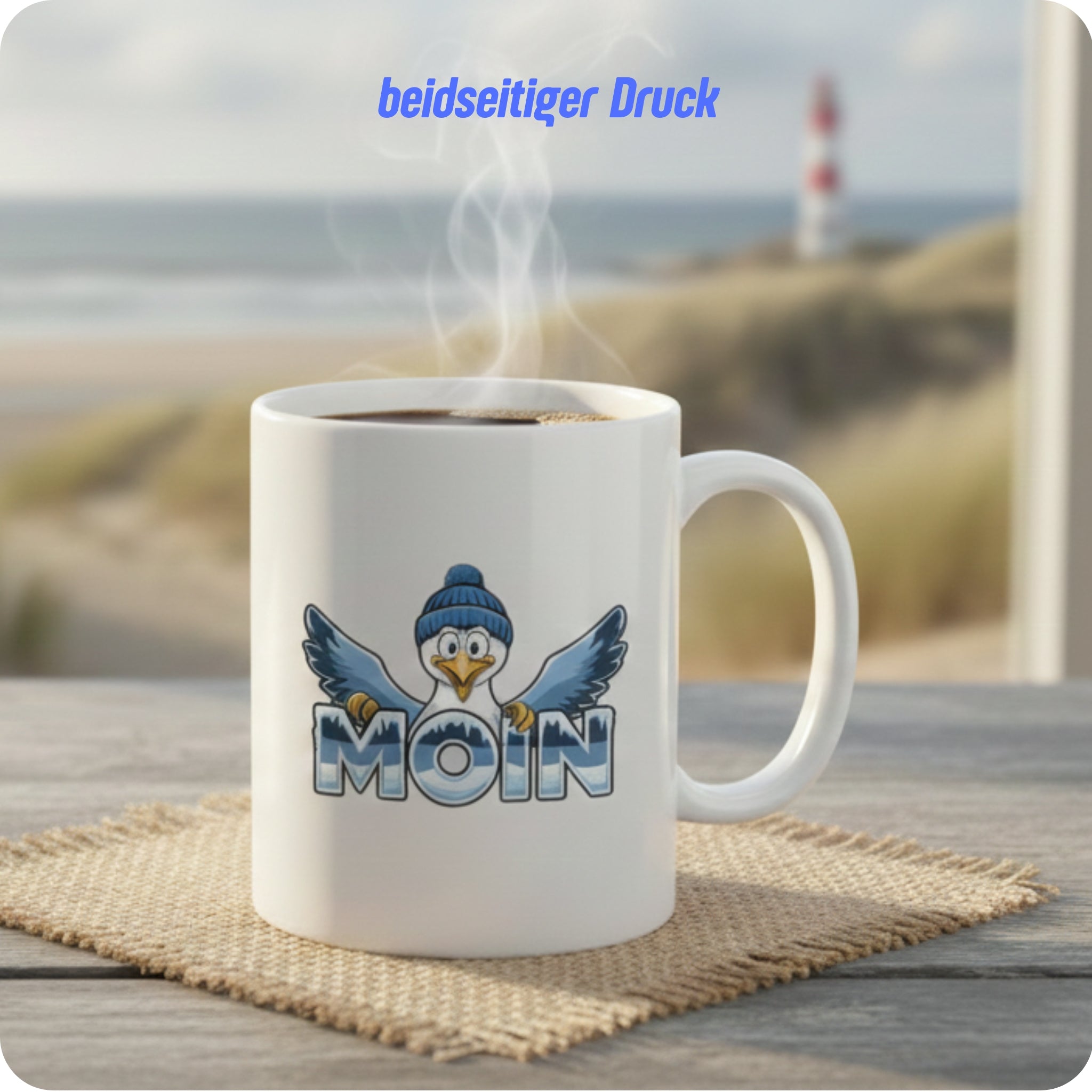 Kaffeebecher Moin Möwe mit Strickmütze - Küstenstil Edition