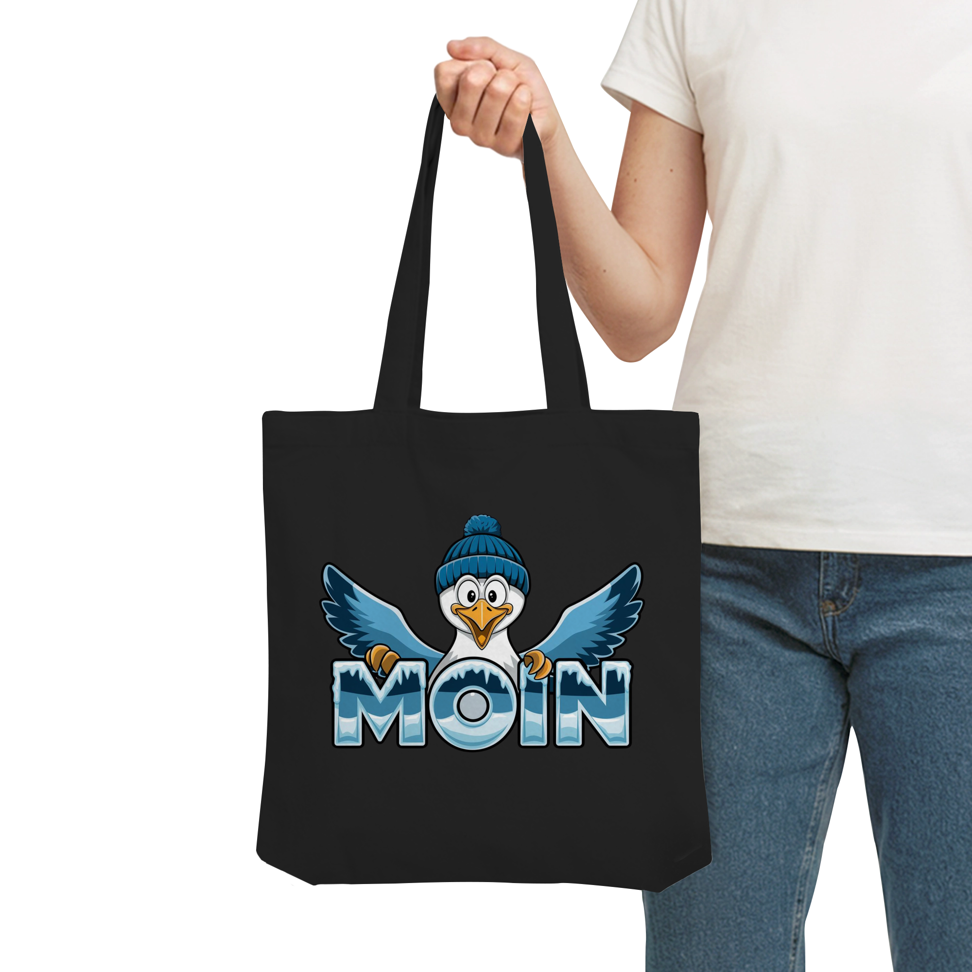 Baumwolltasche Moin Möwe mit Strickmütze - Organic Tote-Bag - Küstenstil Edition