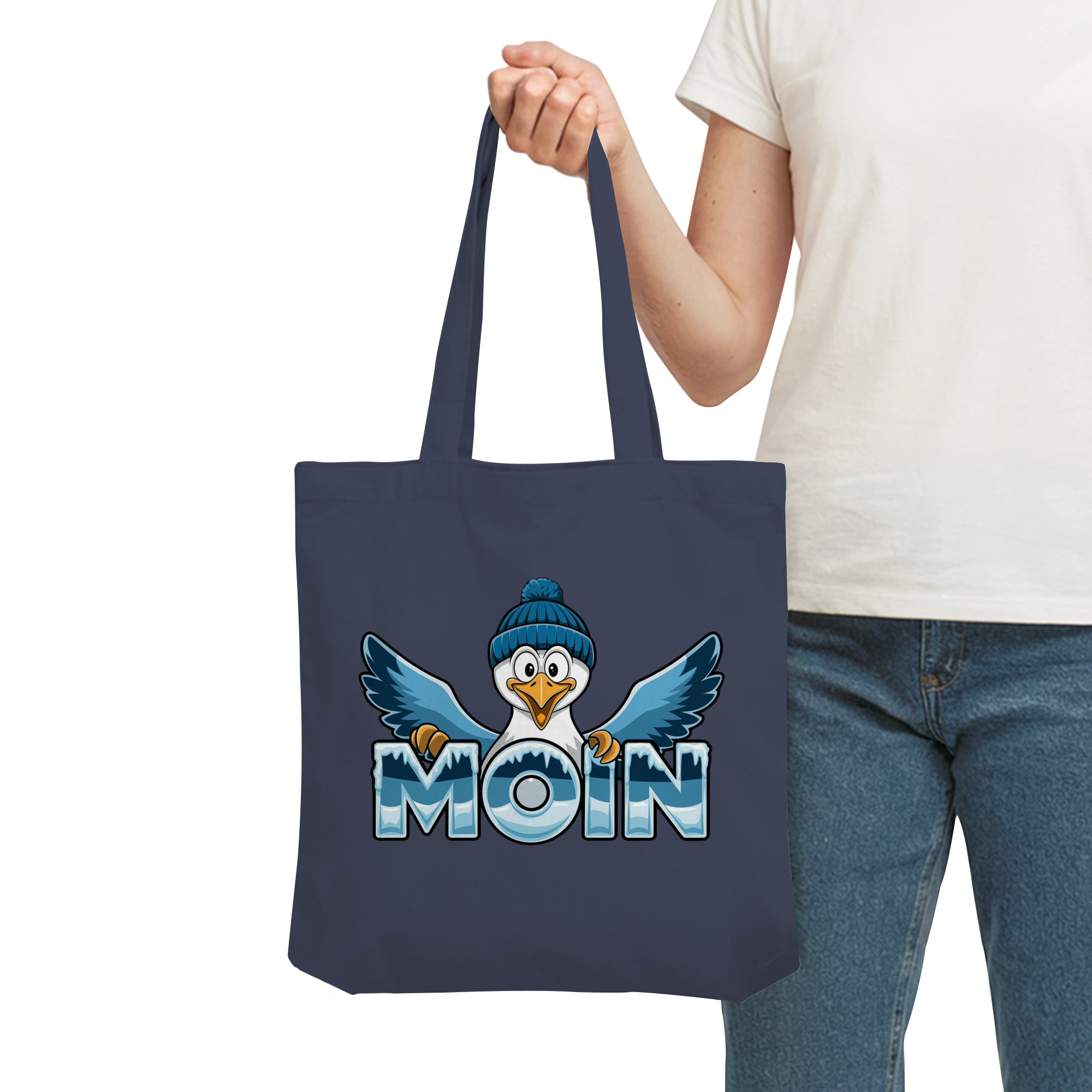 Baumwolltasche Moin Möwe mit Strickmütze - Organic Tote-Bag - Küstenstil Edition