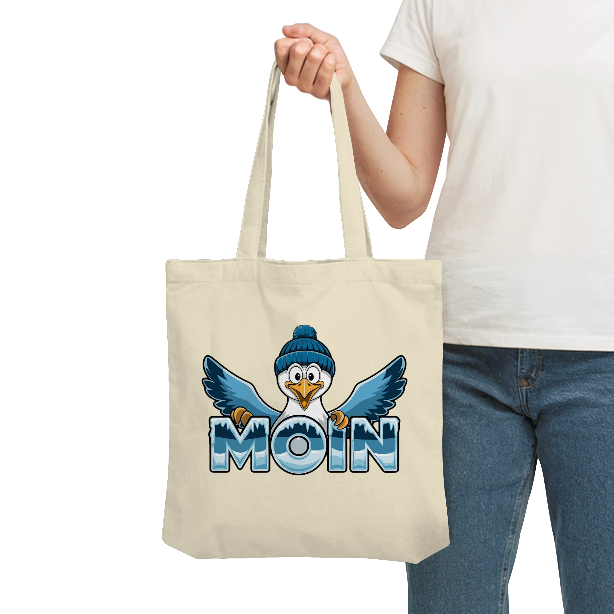 Baumwolltasche Moin Möwe mit Strickmütze - Organic Tote-Bag - Küstenstil Edition
